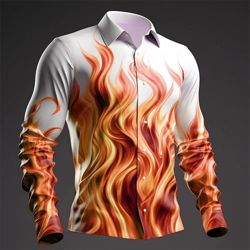 Shirts For Men 3d Flame Printed Fashion Casual Long Sleeved Shirts High Quality Men's Clothing Street Harajuku Sportswear Shirts