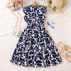 Royal Blue Leaves Printed Wing-Sleeve Belted Maxi Dress Preteen Girls Dress Vintage Modest Elegant Style Dress