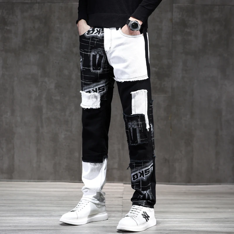 Black and White Contrast Color Printed Stitching Jeans Men2024New Slim Fit Small Straight Personality Motorcycle Trousers