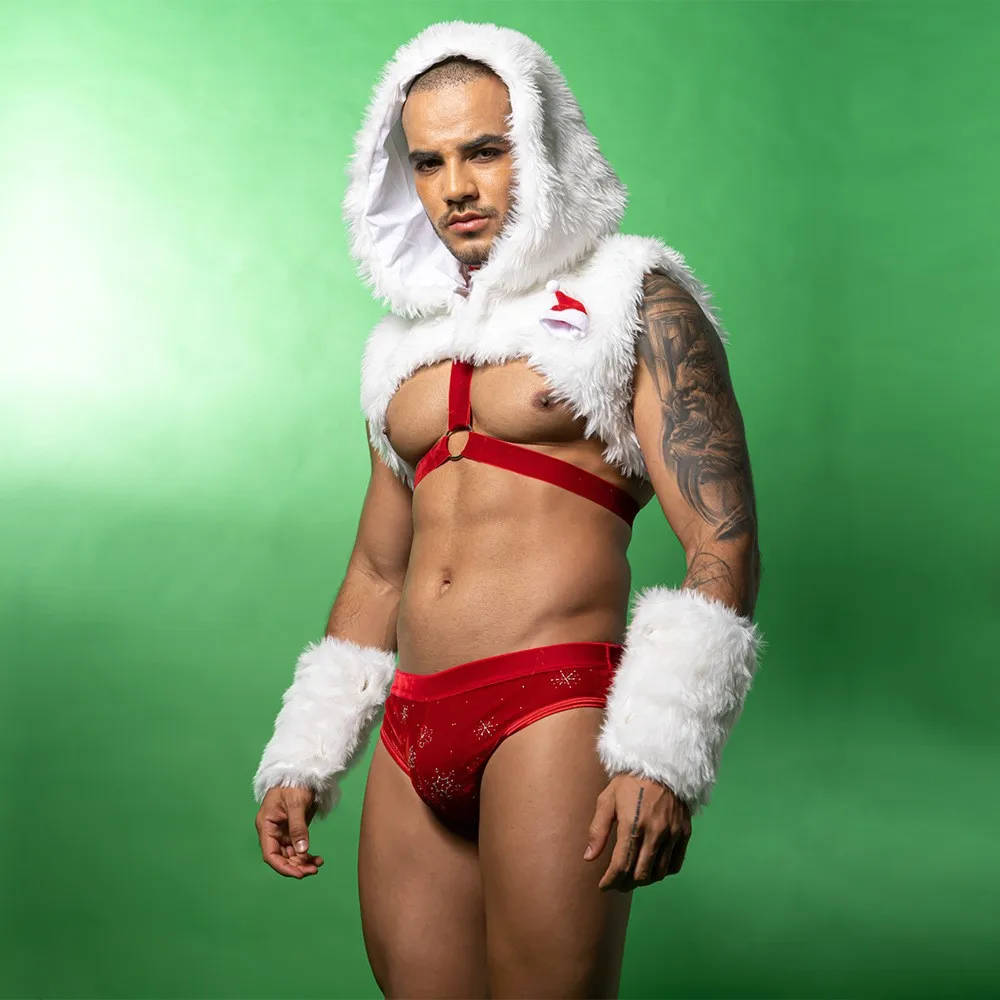 Kerst Sexy Mannen Ondergoed Rode Lingerie set Wit Bont Hoodie Top Elastische Band Nachtclub Pole Dance Stage Performance Nieuwjaar