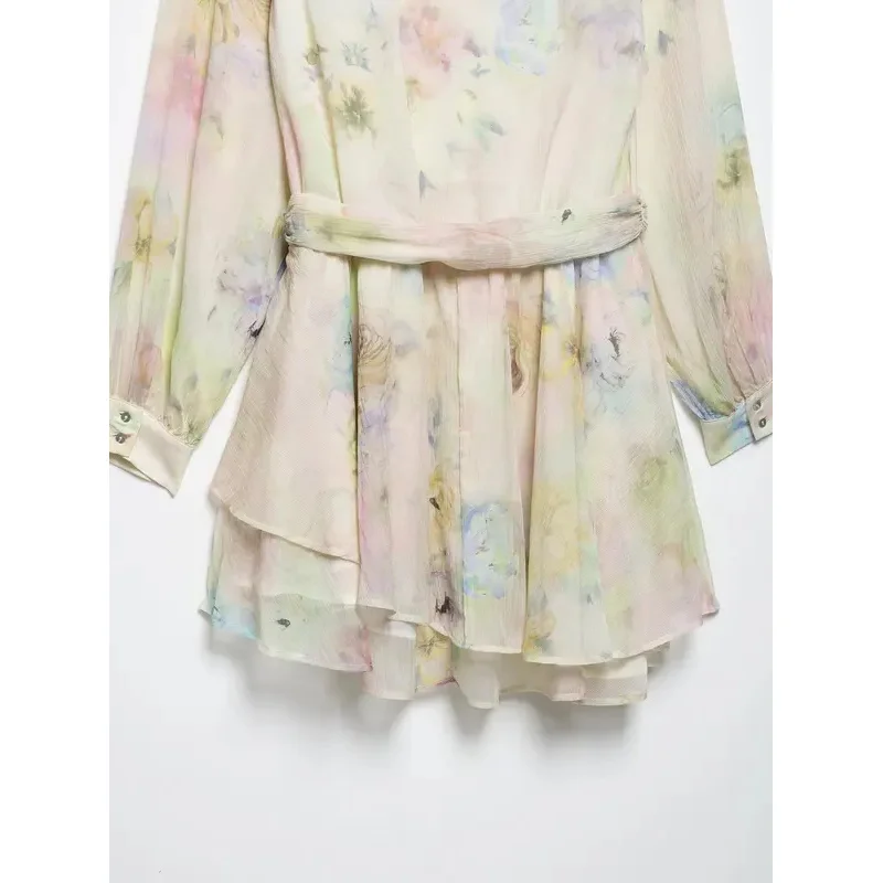 Elegant Crochet Printed Dress Long Sleeve Ruffle Short Mini Beach Party Evening Dress Women Fashion 2025 Style