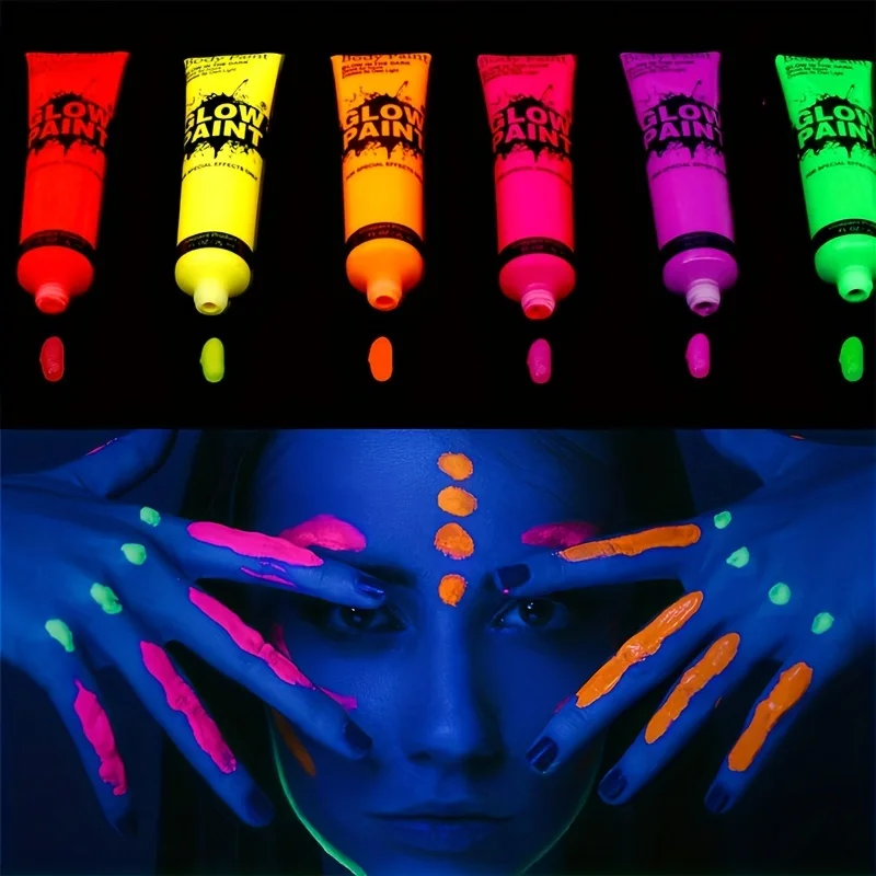 6 Colors Quicker Dry Glow in The Dark Body and Face Paint for Halloween Parties Washable Fluorescent Makeup for Music Festiva