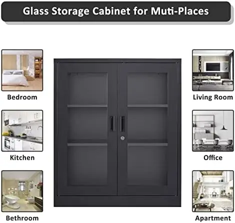 Black Metal Storage Cabinet with Doors and Shelves,36 inch Locking Display Cabinet with Acrylic Doors,Office Cabinets view 5