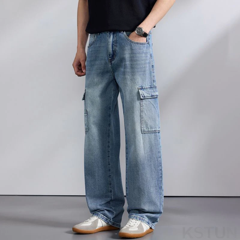 KSTUN 2026 Men's Wide-leg Jeans Cargo Pants Loose Straight Denim Pants Patchwork Multi-pockets Moto&Biker Male Streetwear Jeans