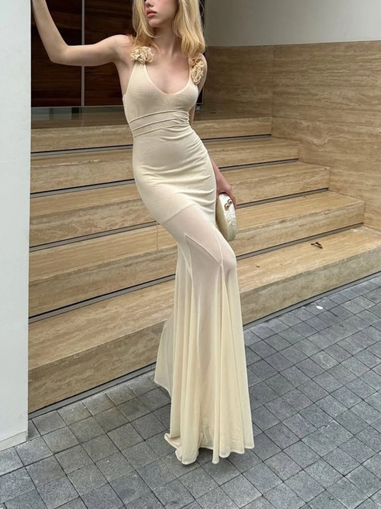 Verão novo feminino dupla camada de malha retalhos com decote em v amarrado vestido halter, elástico e emagrecimento vestido longo