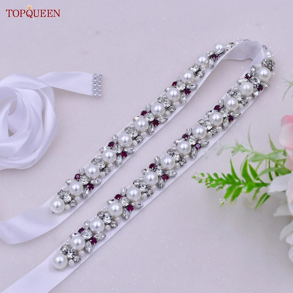 TOPQUEEN-vestido de novia con cinturón para mujer, vestido de novia con perlas de diamantes de imitación rojos, vestidos de novia con cinta de cintura para damas de honor, S92