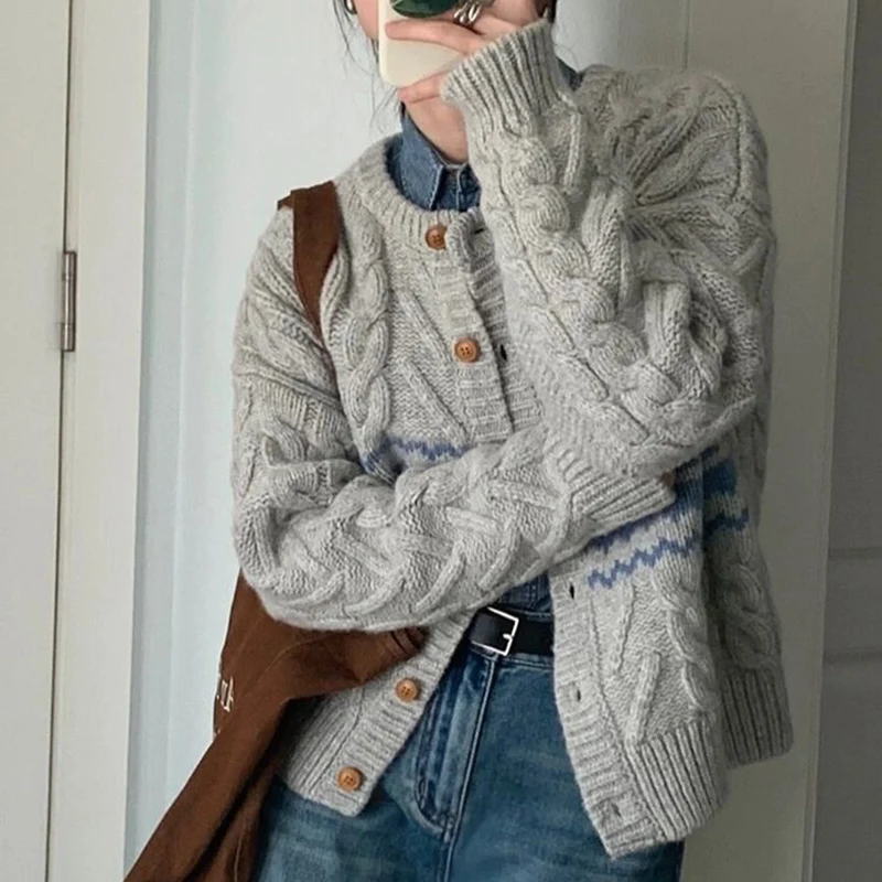 Rimocy Korean Gray Round Neck Cardigans Women Stripe Patchwork Twist Sweater Cardigan Woman Long Sleeve Knitted Coats Female