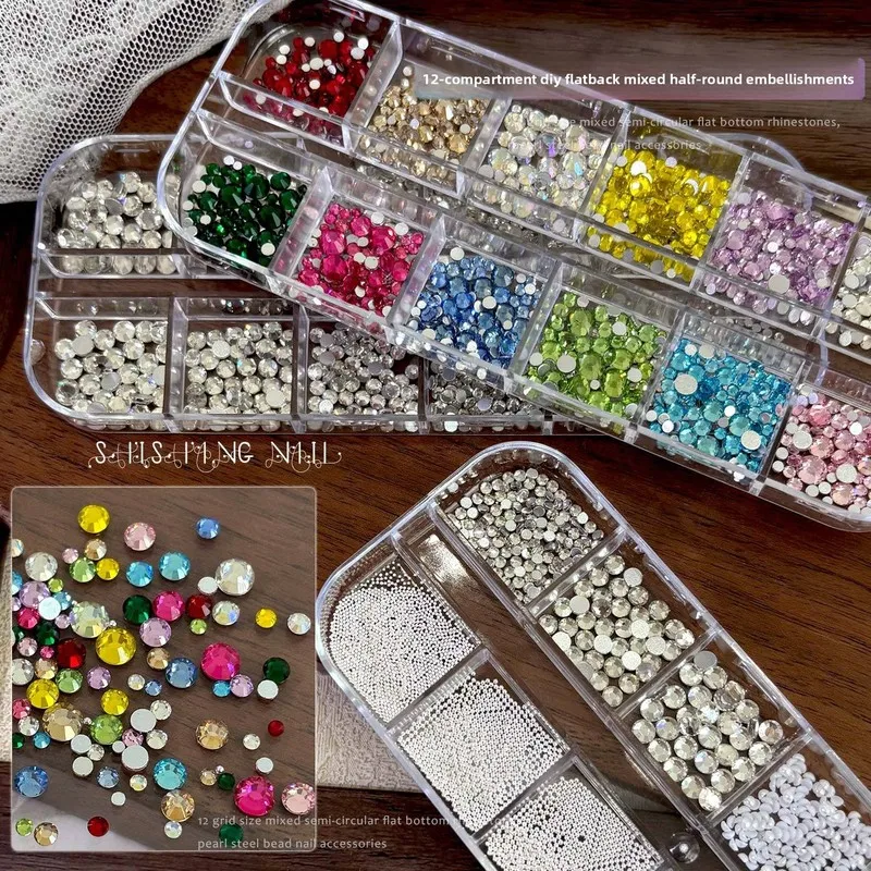 LYLE 12 Grid Colorful Glass Flatback Rhinestones Pearl Steel Ball Mixed Bling Wearable Nail Art Charms Jewelry Set Cross Borders