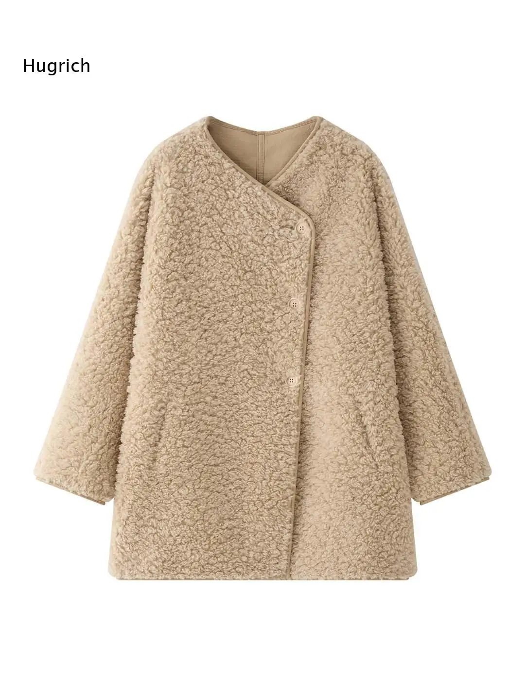 Classic Beige Teddy Bear Style Coat Featuring Textured Panels And Loose Silhouette Women Fashionable Winter Accessory