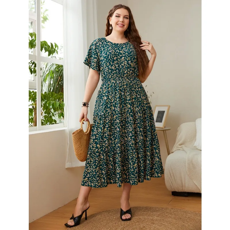 WSFEC Dress Midi XL-4XL, gaun musim panas cetakan lengan pendek leher bulat kasual elegan