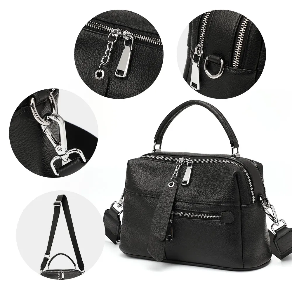 Zency Genuine Leather Designer Handbag Female Boston Bag Lady Shoulder Crossbody Black Top-handle Bags