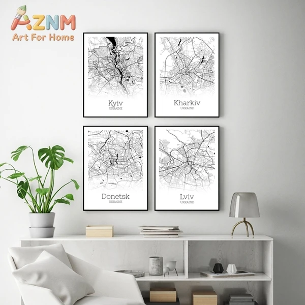 Ukraine City Map Canvas Posters Kyiv, Kharkiv, Donetsk,Lviv Map Art Print Black White Modern Wall Art Painting Office Home Decor