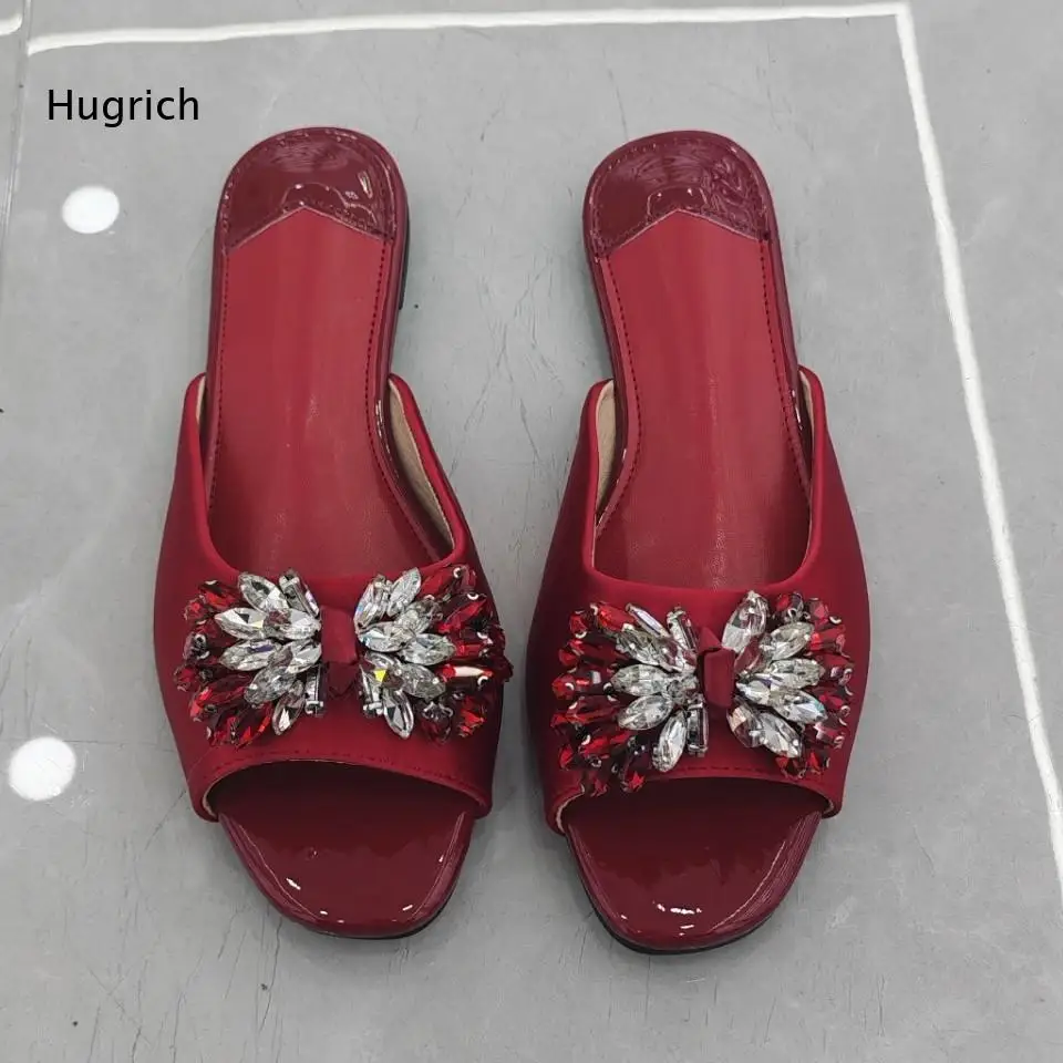 Heavy Rhinestone Flat Slide Sandals Women Summer Open Toe Slip On Mules Casual Beach Vacation Comfortable Shoes