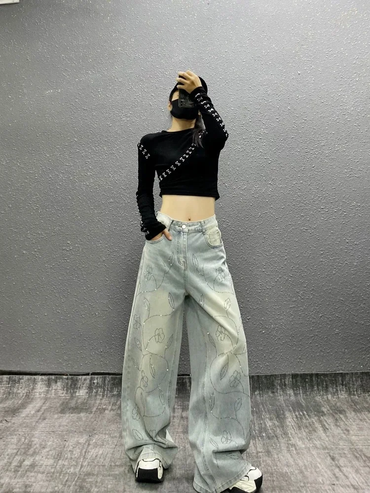 Y2K Wide Leg Jeans Women Shiny Embellished High Waist Loose Straight Floor Length Slimming Autumn