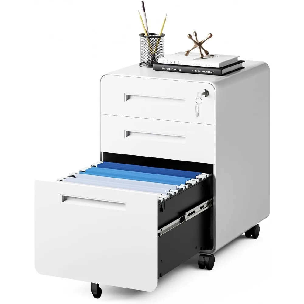

Mobile Filing Cabinet 3 Drawer, White Small File Cabinet with Lock Under Desk, Filing Cabinets for Home Office with Wheels, A4/
