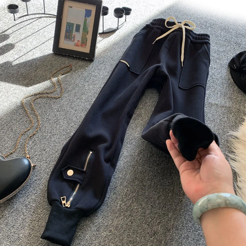 Winter Lace-up Ankle Length  Jogger Cargo Pants Plush Velvet Lined Warm Pantalones Casual Baggy Spodnie Korea Loose Women Broek