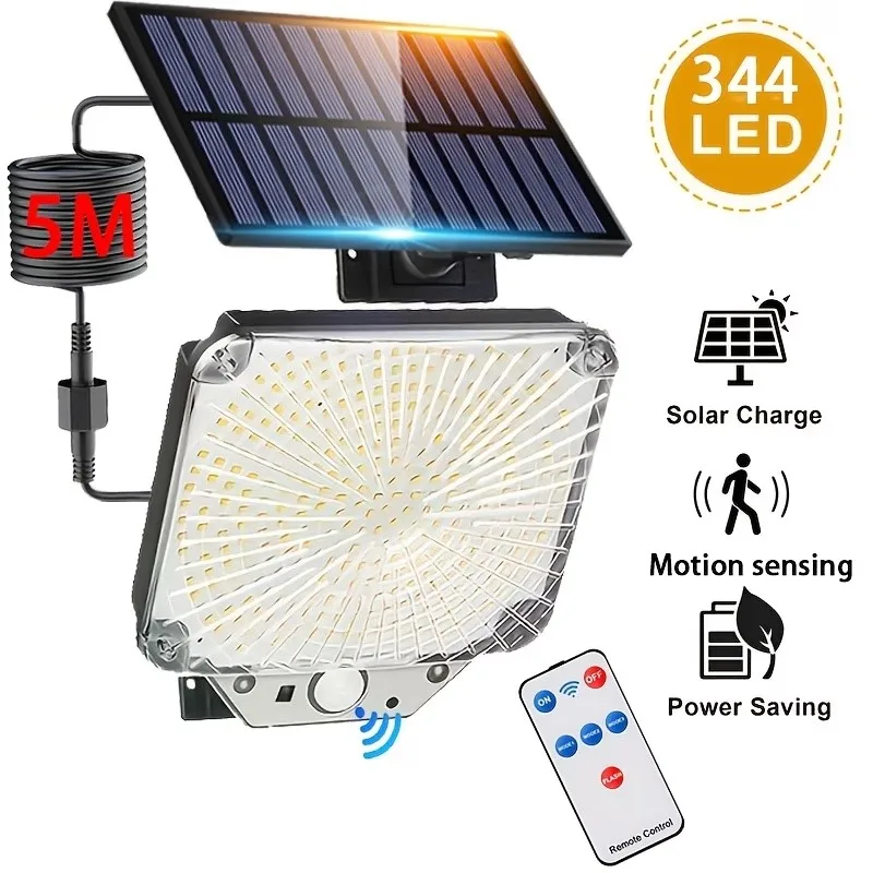 344 LEDs Solar Powered Wall Light, PIR Motion Sensor, Remote Control, 3 Lighting Modes, IP65 Waterproof Outdoor Garden Security