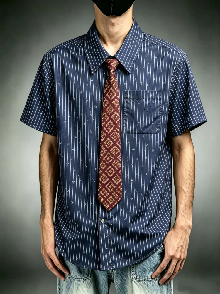 

Mens Navy Blue Shirt with Tie and Chest Pocket Geometric Print Short Sleeve Smart Casual Summer Shirt