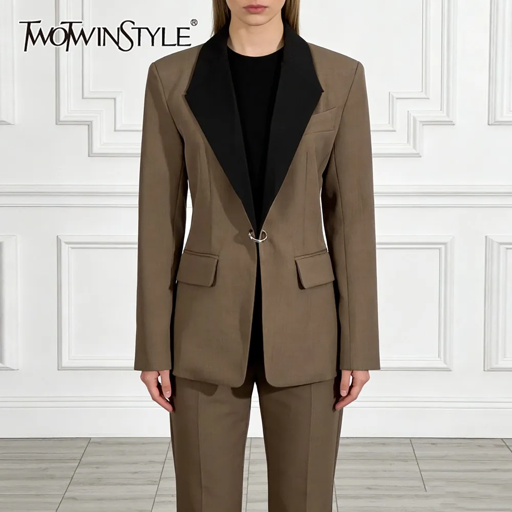 

TWOTWINSTYLE Solid Spliced Pocket Chic Jacket Female Lapel Long Sleeve Loose Office Commute Women's Jackets Autumn Fashion New