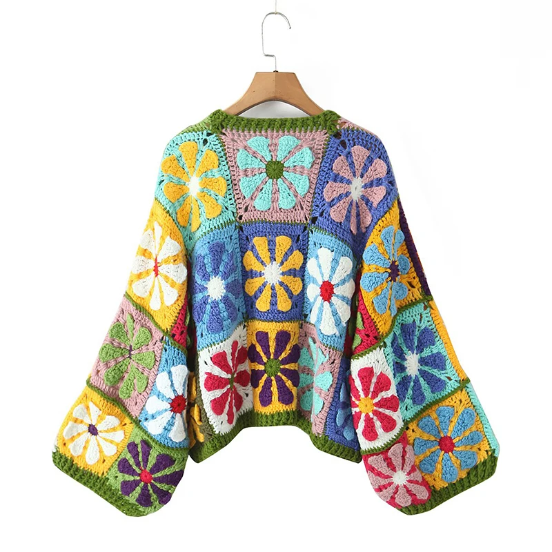 YENKYE 2025 Autumn Floral Plaid Hand Mand Crochet Loose Cardigan Women Open Stitching Long Sleeve Boho Sweater Coat Short
