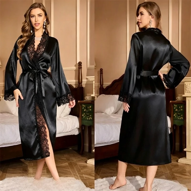 1 Piece Women's Glossy Ice Silk Satin Robe Pajamas Plus Size Nightgown Romantic Lace Homewear Loose Casual Loungewear