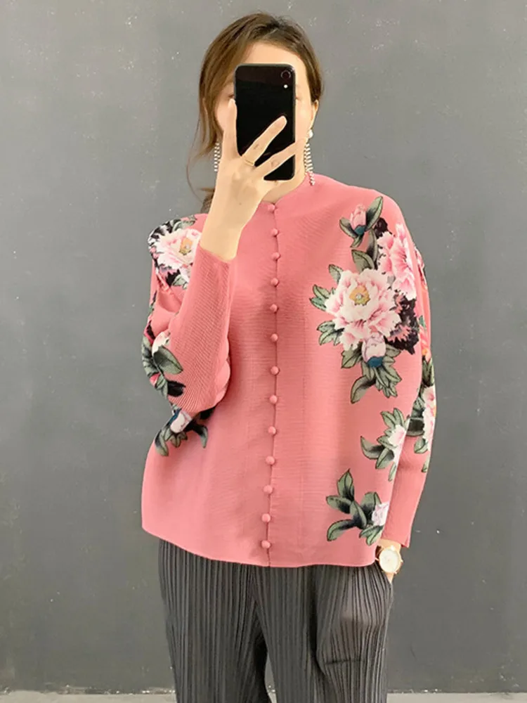 LANMREM Pleated Shirt Top 2024 Spring And Summer New Thin Single Breasted Long Sleeve Printed Shirts Women Elegant 2M246