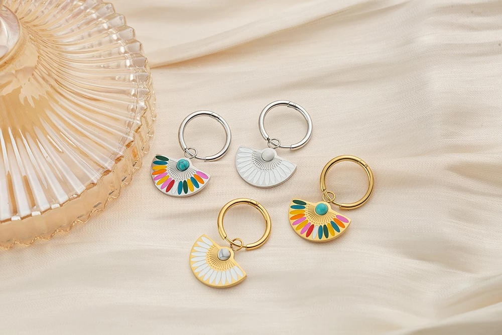 JeeMango Trendy Bohemia Fan Hoop Earrings For Women 18K Gold Plated Stainless Steel Handmade Colorful Glaze Earrings JE22200