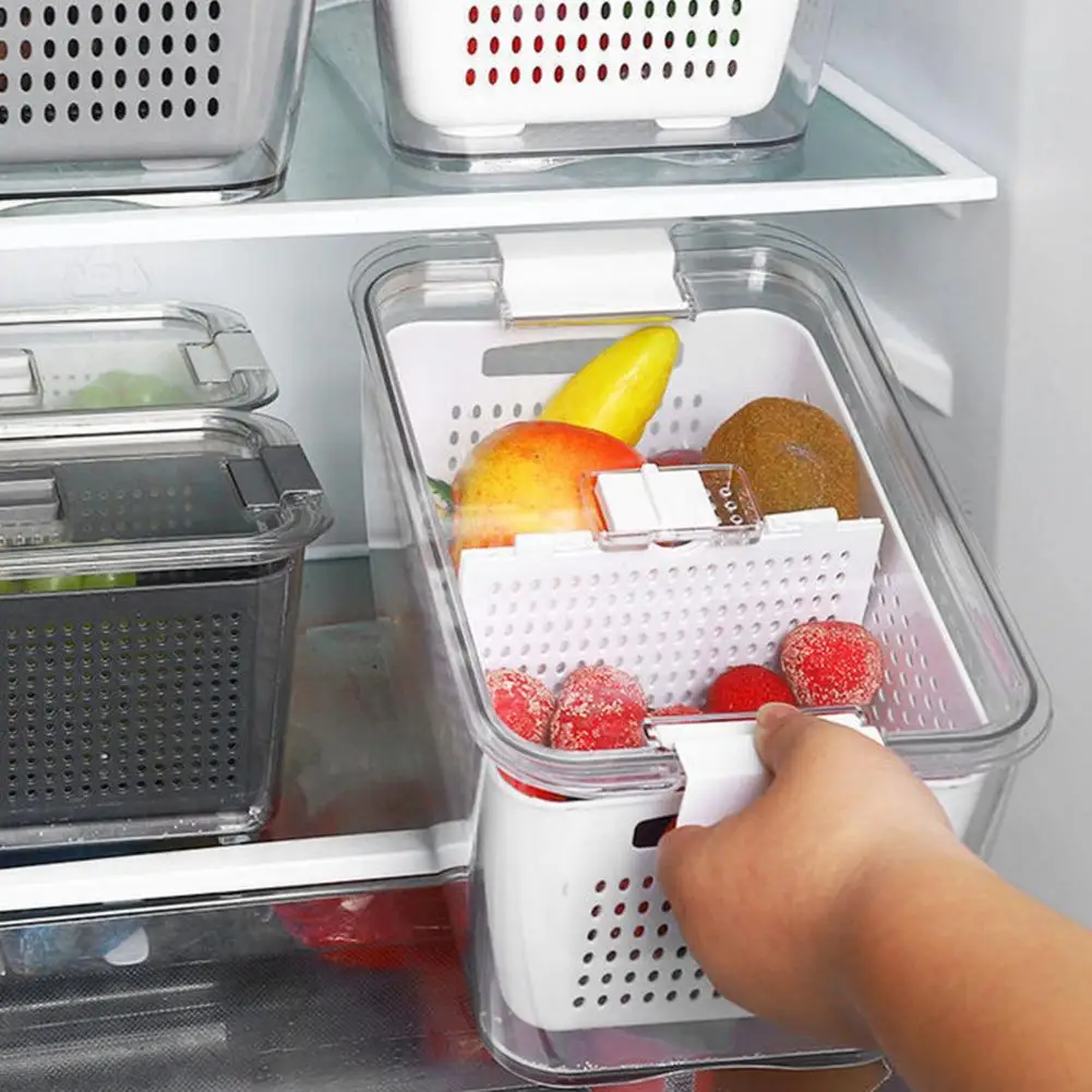 

Fridge Food Storage Box Double Layers with Colander Drainage Function Transparent Crisper Picnic Vegetable Fruit Storage Basket