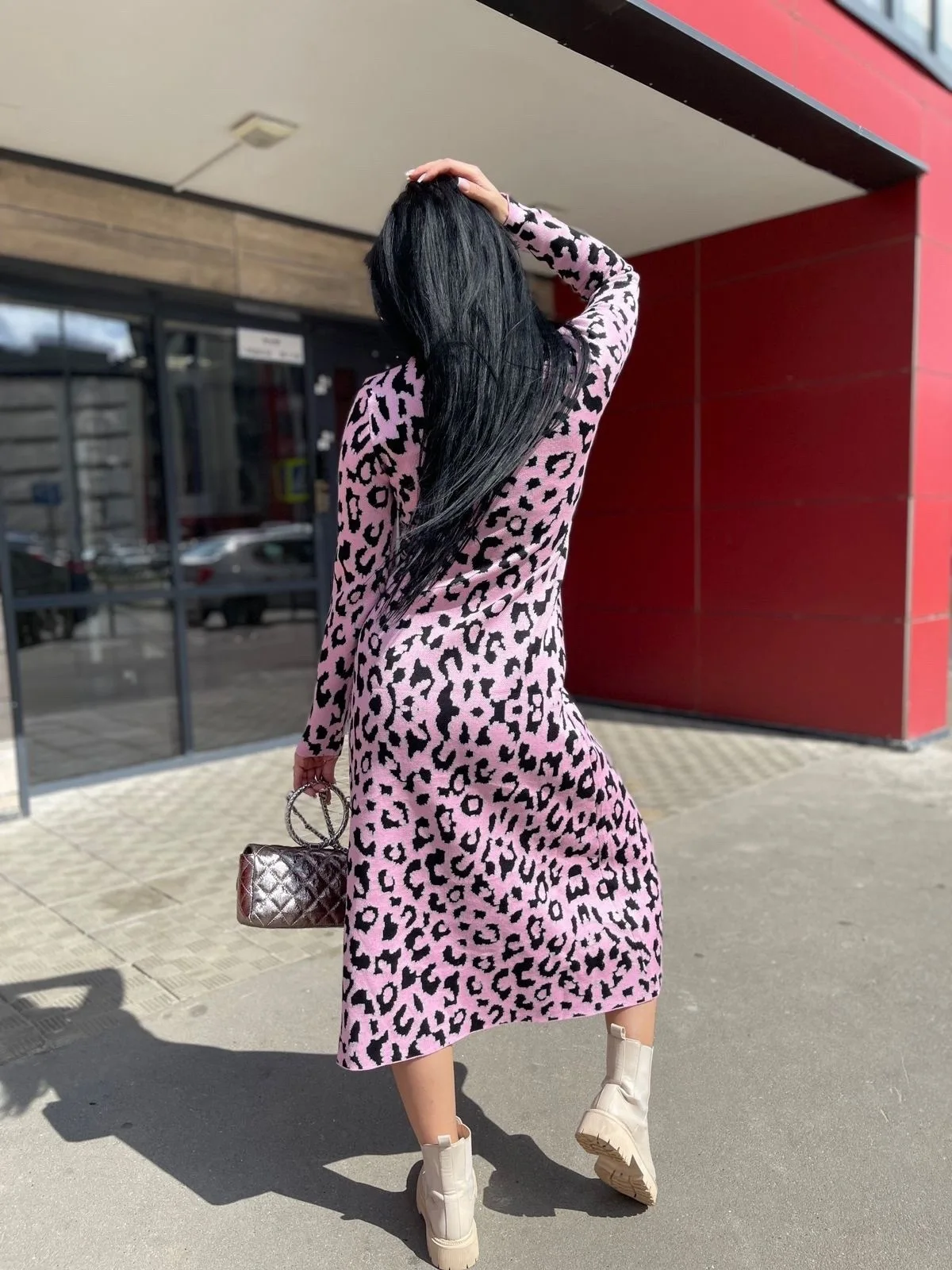 Fashion Leopard Knitted Women Dress Autumn Winter O-neck Long Sleeve Slim Long Dress New Tight Streetwear Female Clothes 2025