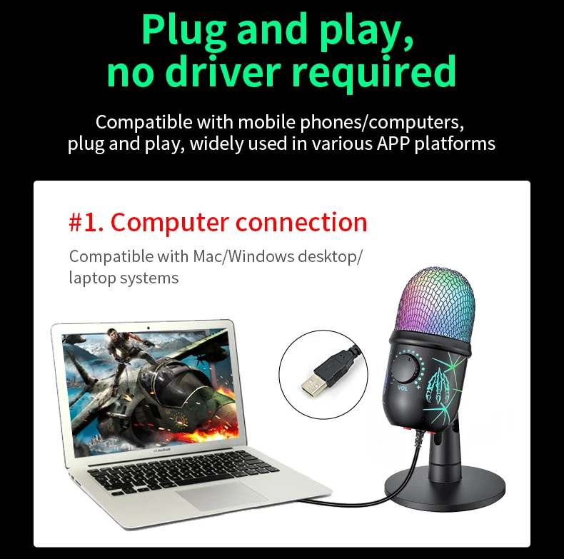 Gaming Microphone USB Microphone for PC Condenser Podcast Mic for Studio Recording with Headphone Jack, Led, Noise Cancellation