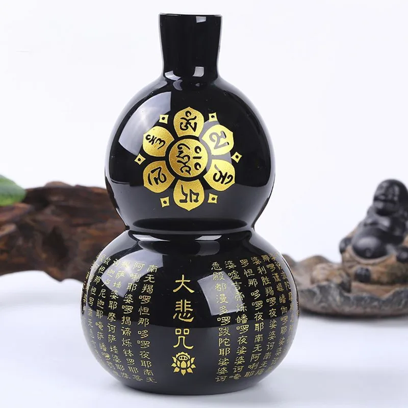 10cm natural Obsidian Gourd Engraved Buddhist Great Compassion Mantra Mineral Therapy Office Degaussing Decorative Healing