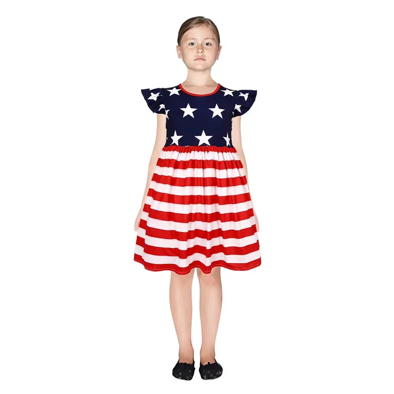 Summer Independence Day Kids Girls Flying Sleeve Stars Stripe Print A-line Dress Festival Clothes om[8