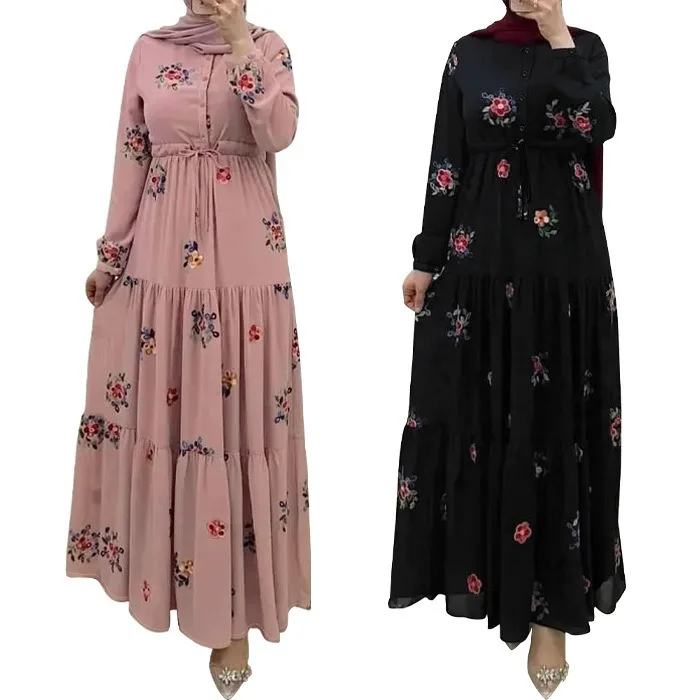 Ricama Maxi abiti Slim-fit per le donne Abaya Dubai Islam abito musulmano donna manica lunga con lacci abito caftano Elegante Femme