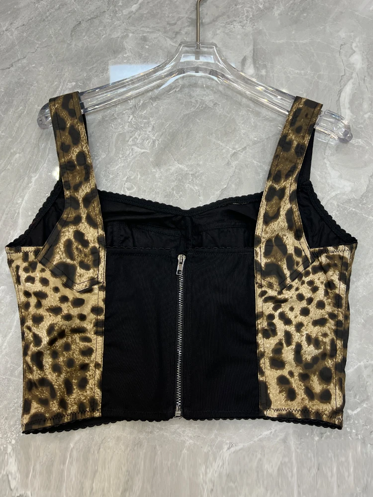 AELESEEN Runway Fashion 100% Cotton Camis Corset Women Summer Sicilian Leopard Printed Spaghetti Strap Short Bustier Poplin Top