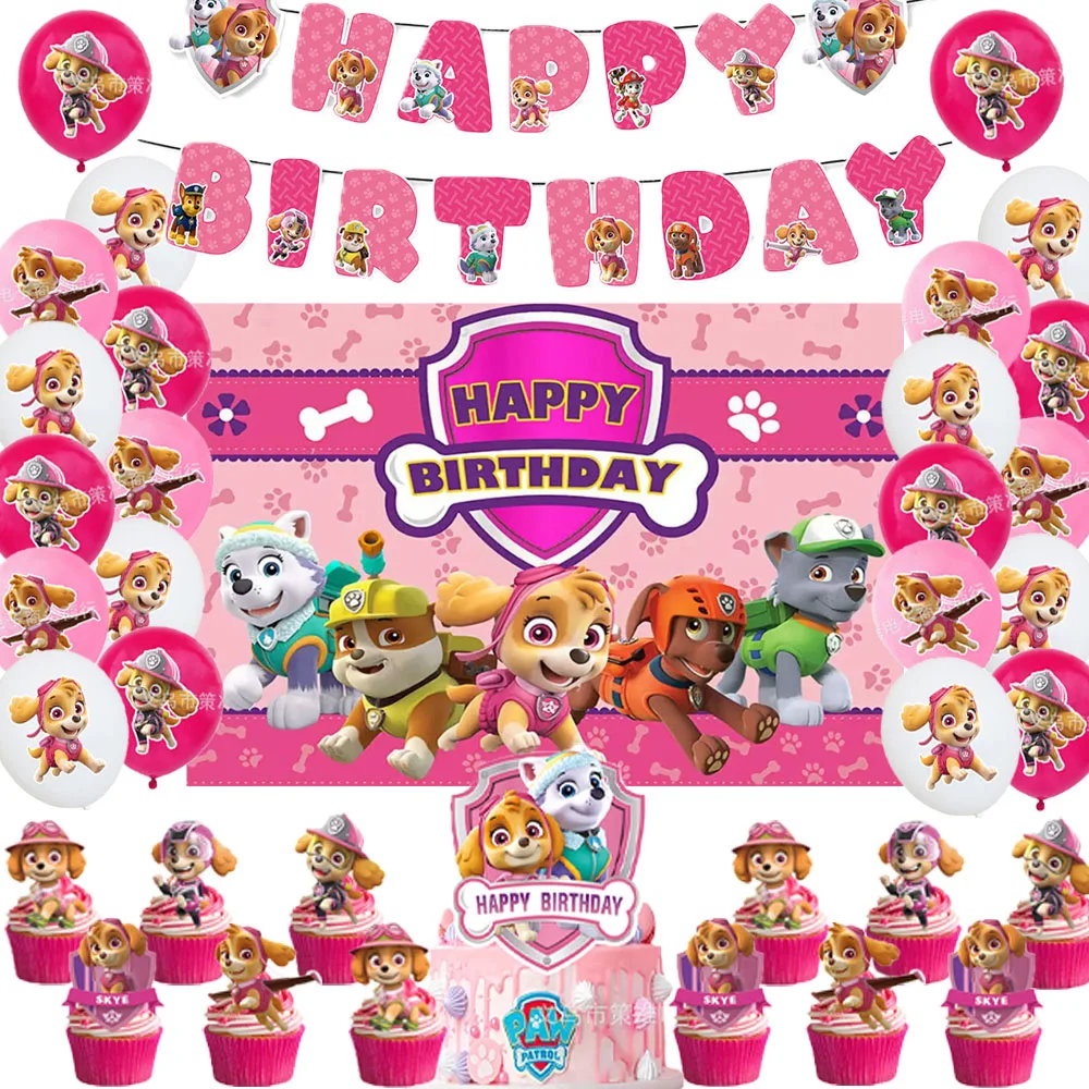 PAW Patrol Pink Skye Latar Belakang Balon Foil Merah Muda dan Merah Mawar Dekorasi Pesta Ulang Tahun Anak Perempuan Peralatan Makan Sekali Pakai Hadiah Anak-anak