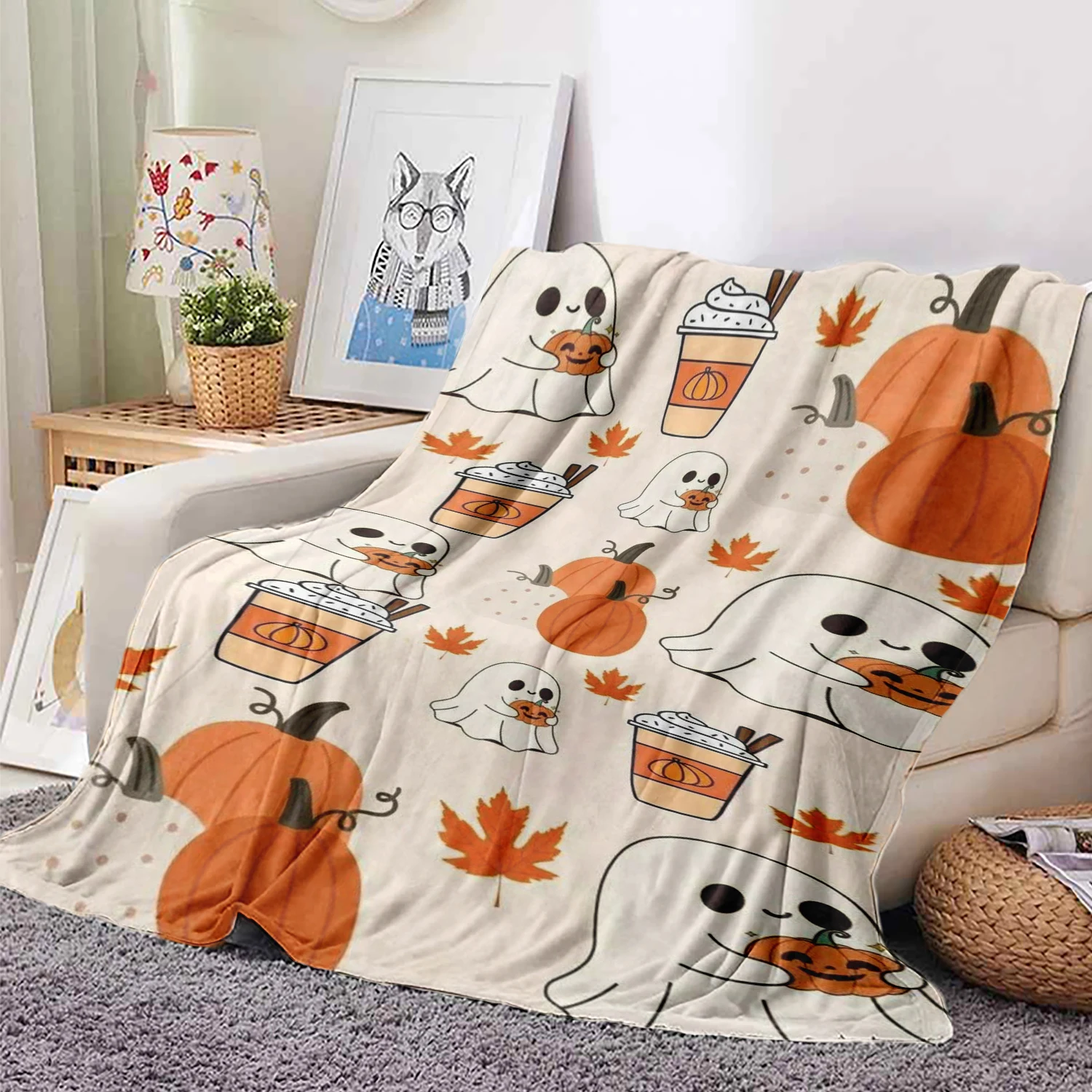 Festive Halloween Pumpkin and Ghost Print Flannel Blanket Perfect gift for Sofa Office Bed Plane Travel Sleep Read Relax Camping