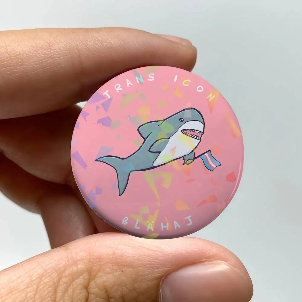 Trans Blahaj Shark Cartoon Round Badge for Backpack Accessories Laser Lapel Pins Jewelry Gifts view 5