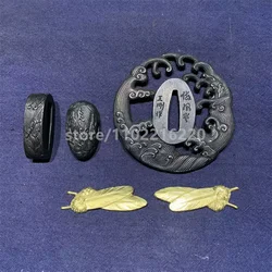 Nice Carving Stainless Steel Tsuba Handguard Fuchi Kashira Brass Feather Menuki For Japanese Japan Samurai Katana Sword Fittings
