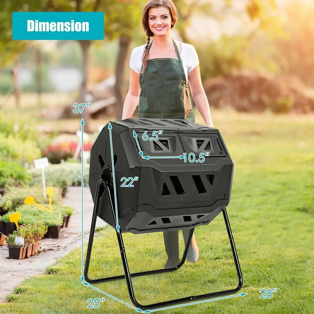 Dual Chamber 43 Gallon Composting Tumbler with Sliding Doors for High Volume Compost
