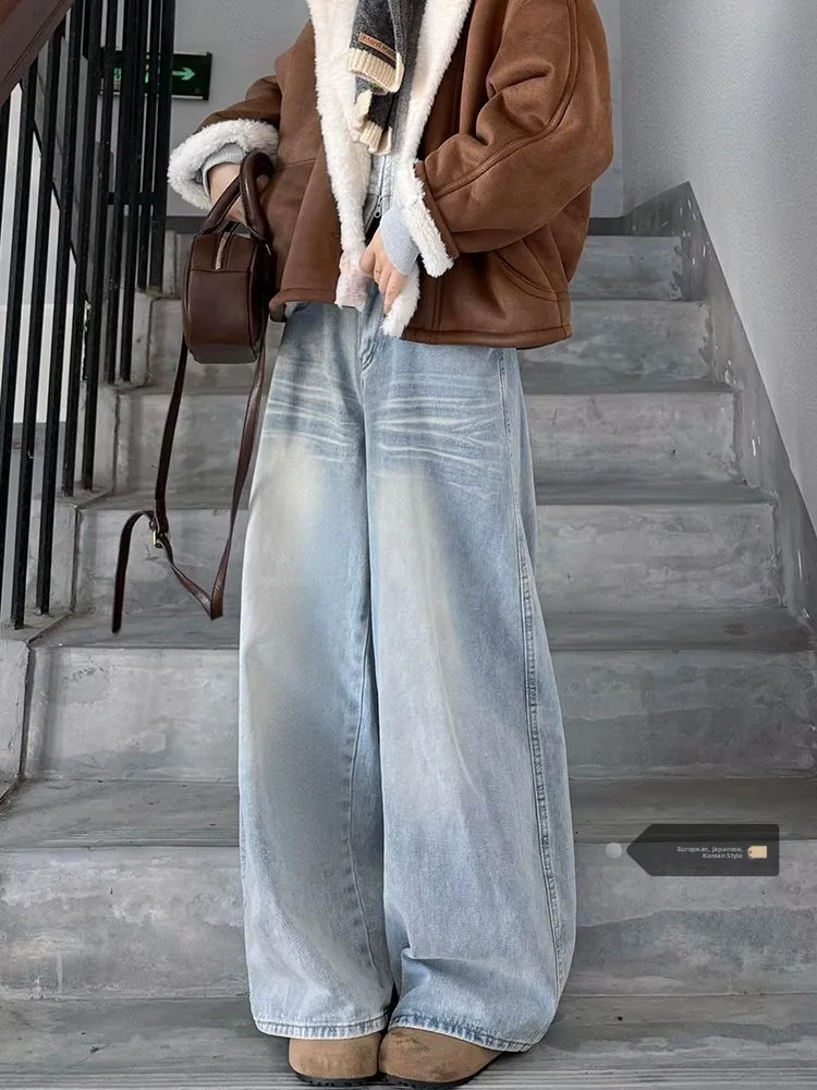 

Slimming Design Wide Leg Jeans Women's Summer New Style Pocket Embroidered Thin Denim Pants High Waist Straight Tube Trousers