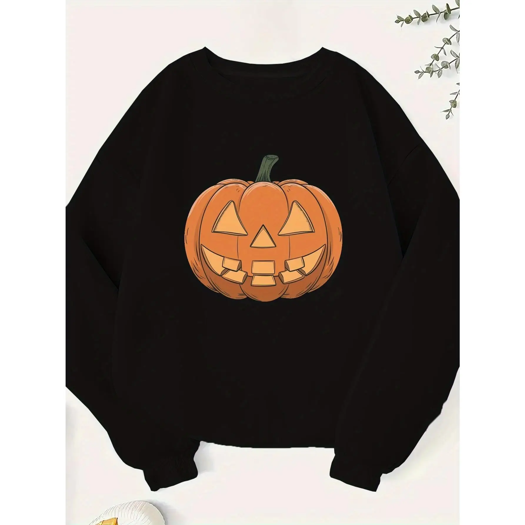 

Halloween Pumpkin Graphic Print Sweatshirt for Women, Jack-o'-lantern Fall Season Pullover, Spooky Cute Crewneck Tops