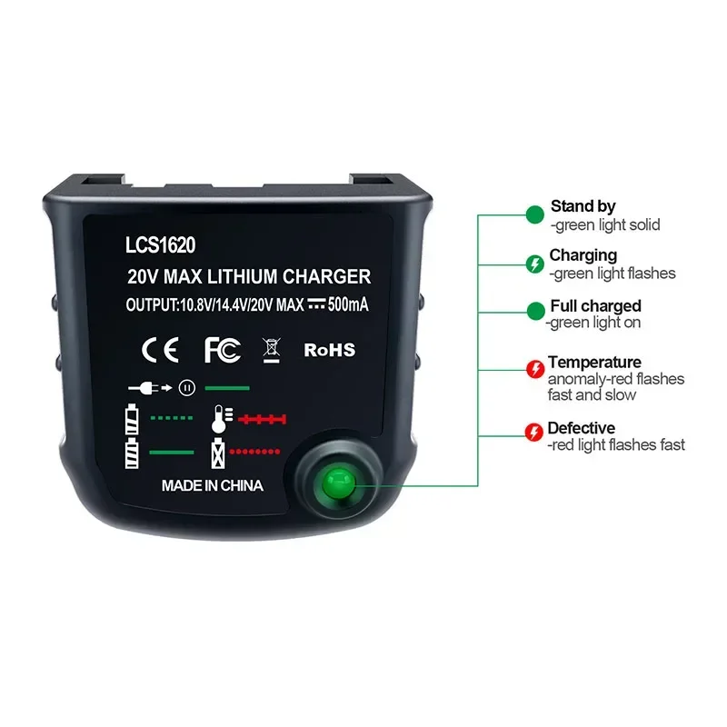 LCS1620 Lithium Battery Power Tools Charger For Black Decker 20V LBXR20 LBXR20-OPE LB20 LBX20 LBX4020 LB2X4020 LBXR2020-OPE LB16