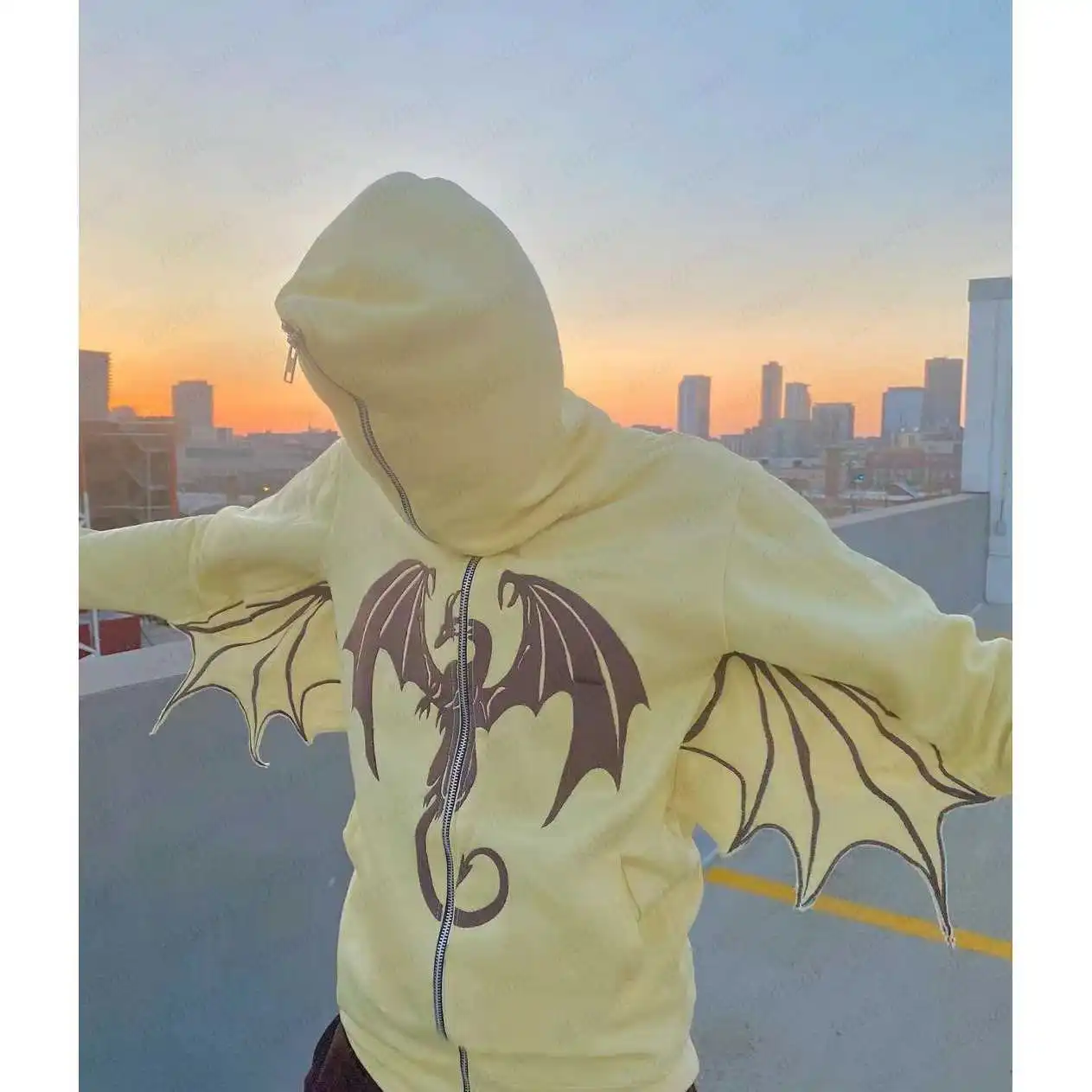 Dragon With Wings Jacket Y2K Clothes Zip Hoodie Hip Hop Streetwear Men Sweatshirt Embroidery Pattern Goth Harajuku Women Coat