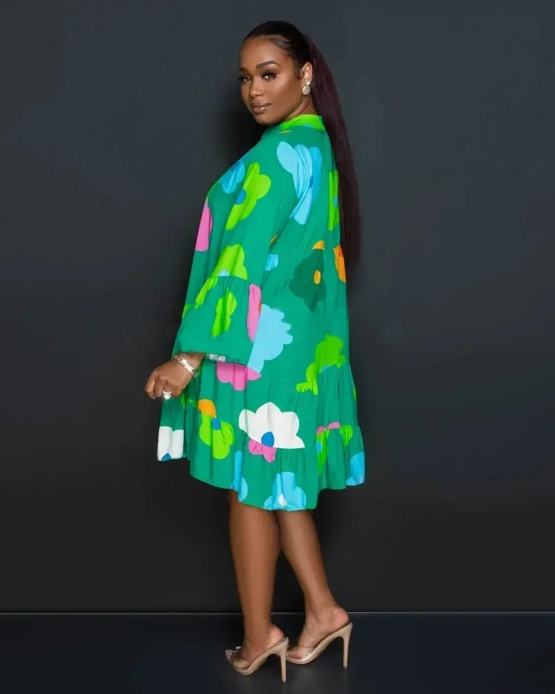 GUWU 花柄プリントランタン長袖シングルブレストルーズシャツスタイルベビードールドレスシックなベスティド女性用ドレス