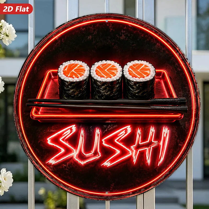 2D Flat, 1pc Neon Sushi Round Metal Sign Wall Art, Sushi Lettering, Three Salmon Rolls, Black Chopsticks, Red Neon Glow, Dark Ro