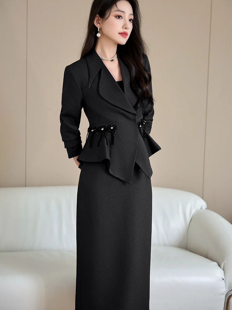 Elegant Women Formal Blazer Skirt Suit Ladies Red Black Female Business Work Wear Two Piece Set For Autumn Winter