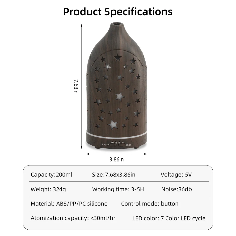 超静かなスターホローディフューザー 7色、自動シャットオフ、寝室、ヨガ、オフィスに最適