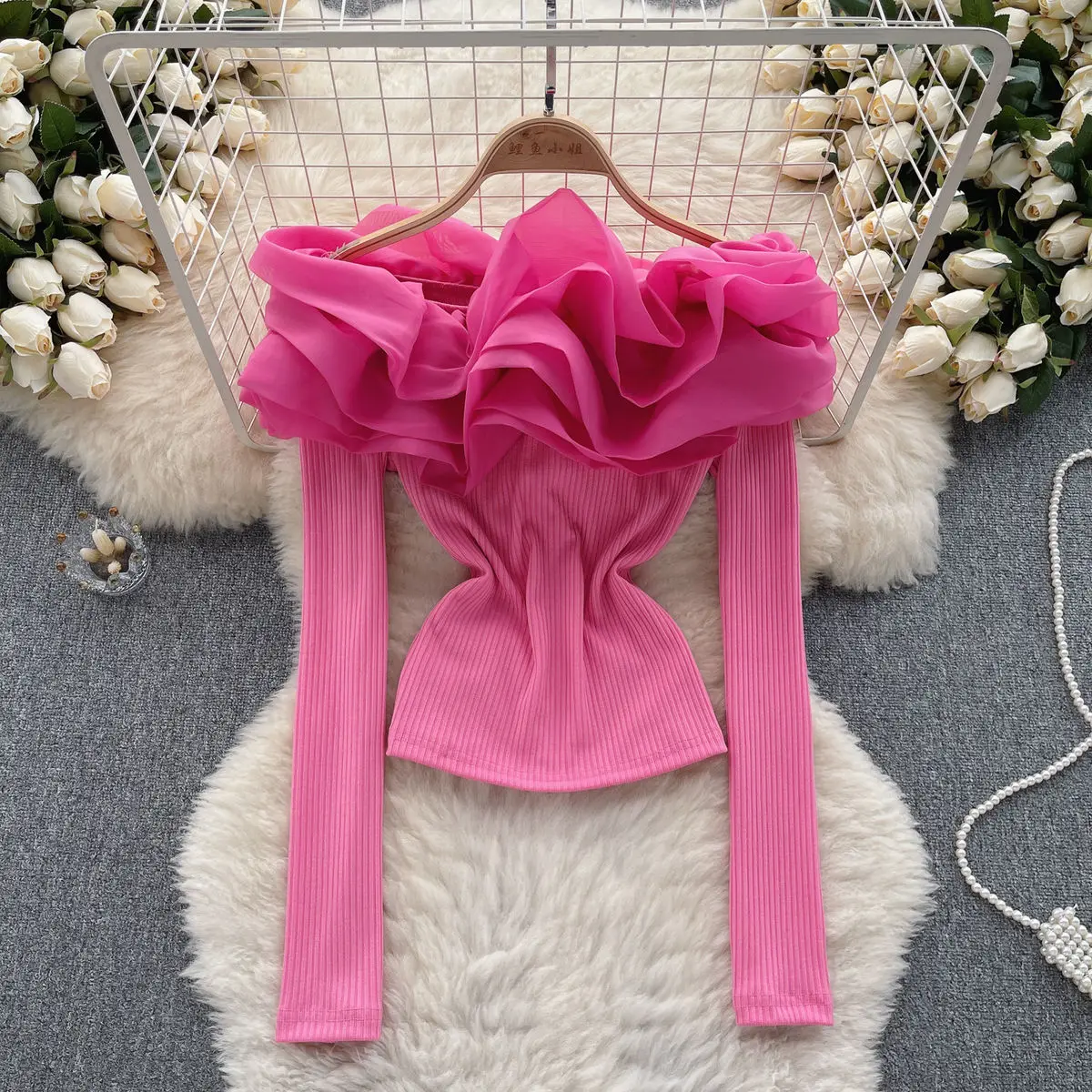 2024 New Fall Winter Short Knitted T-Shirt Sexy Off Collar Ruffles Three-dimensional Flower Women Crop Top Long Sleeve Tees