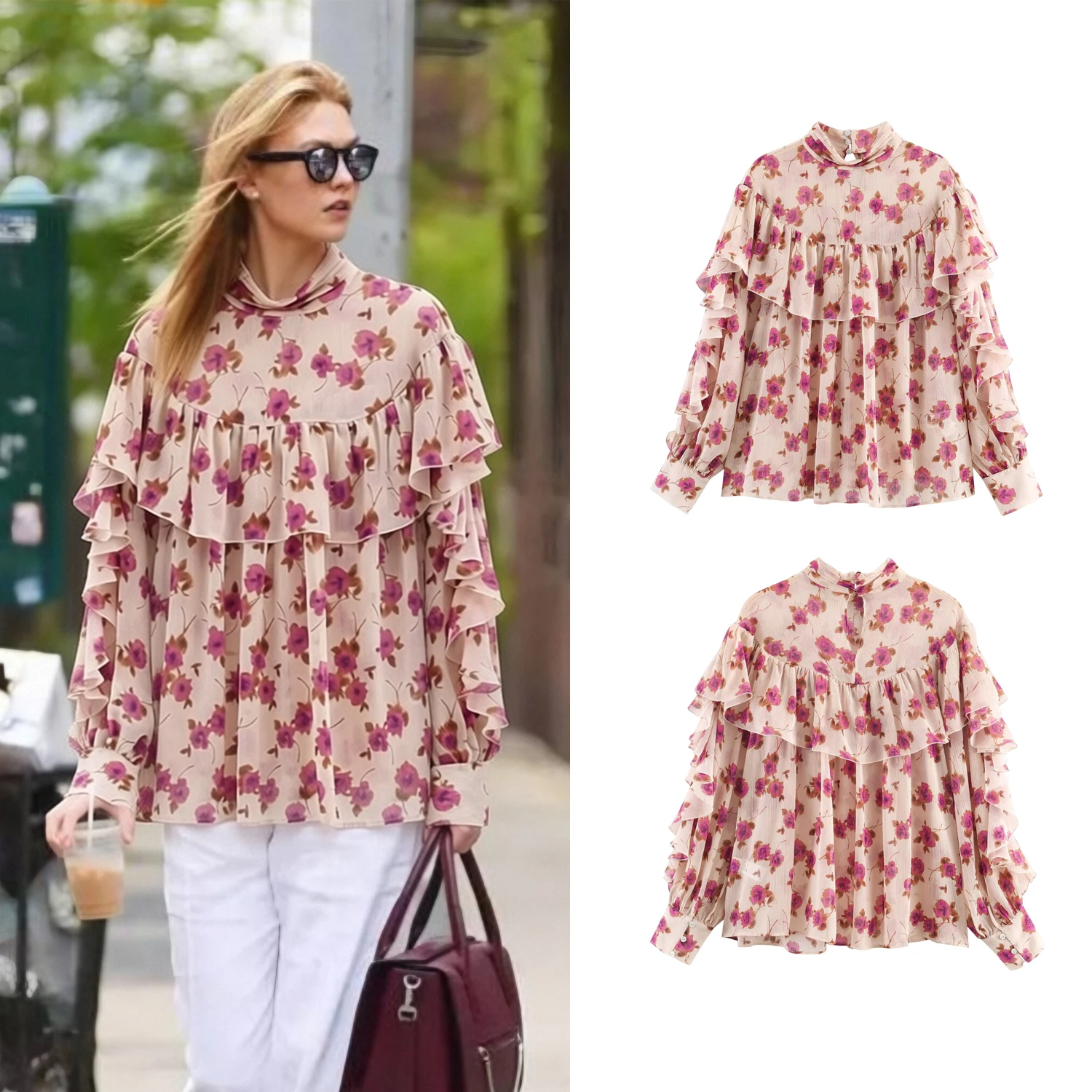Blusa Elegante de Mujer con Estampado Rosa Estilo Francés para Primavera, Blusa con Volantes Decorativos para Mujer, Blusa Linda para Dama