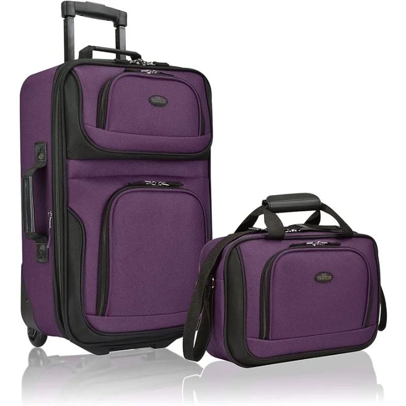 U.S. Traveler Rio Rugged Fabric Expandable Carry-on Luggage, 2 Wheel Rolling Suitcase, Purple, Set